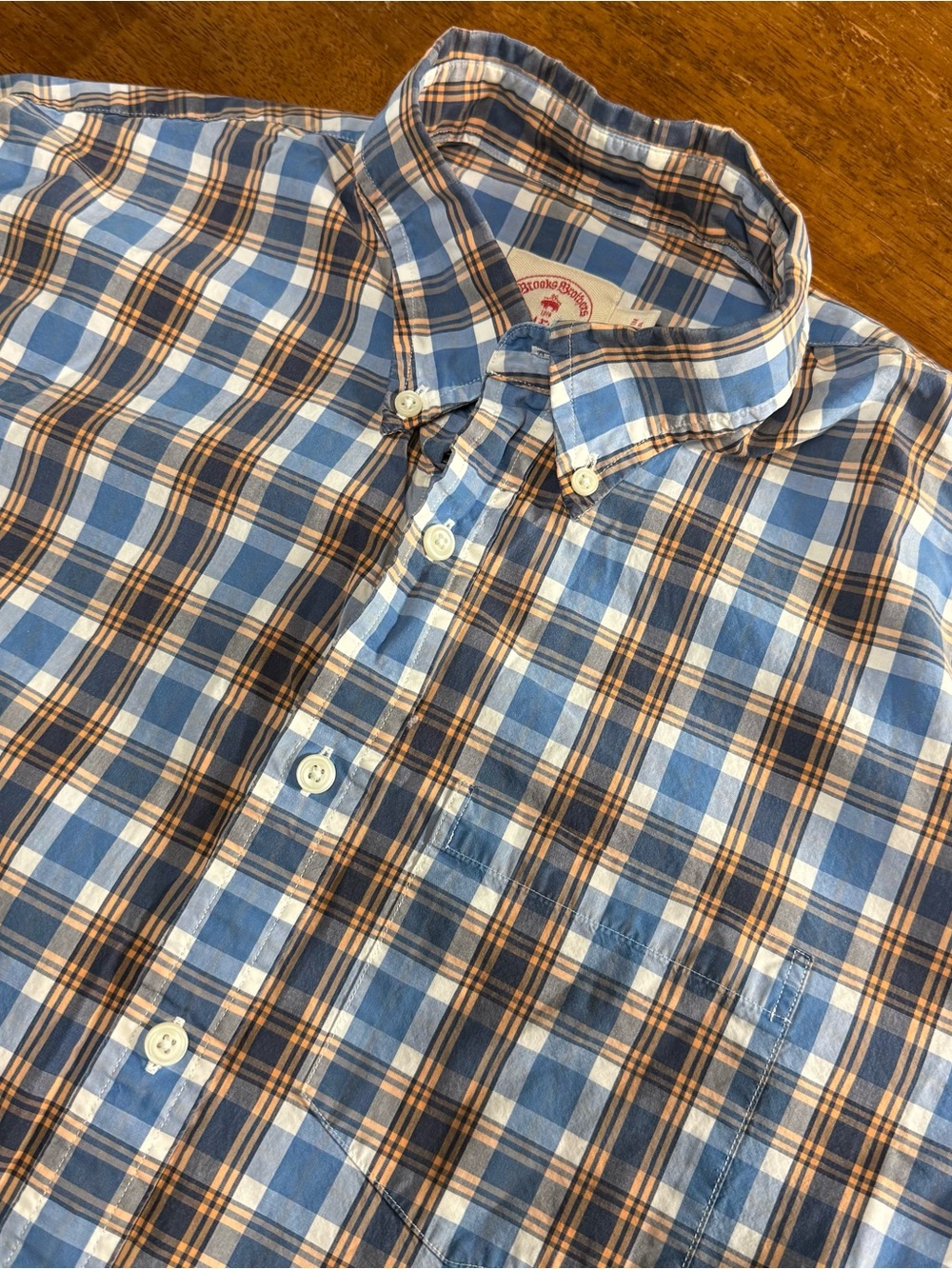 Brooks Brothers Light Blue and Tan Plaid Button-Down Shirt